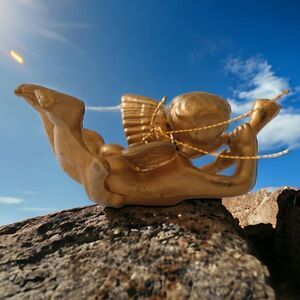 Cherub Angel Christmas Ornament Gold Plastic Vtg 70s WF Winged Trumpet Hong Kong